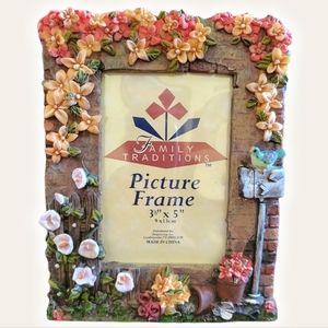 Vtg Springtime Flowers Blue Bird Garden Picture Frame Family Traditions